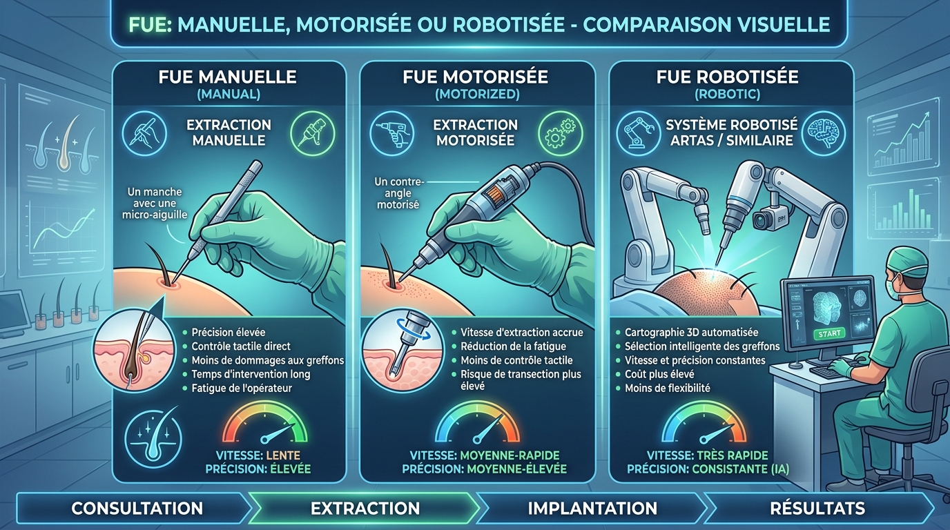 FUE manuelle, motorisée ou robotisée : quelles différences ?